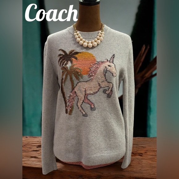 Coach Uni Intarsia Gray Wool & Cashmere Blend Crew Neck Sweater with Unicorn EUC - Picture 2 of 11